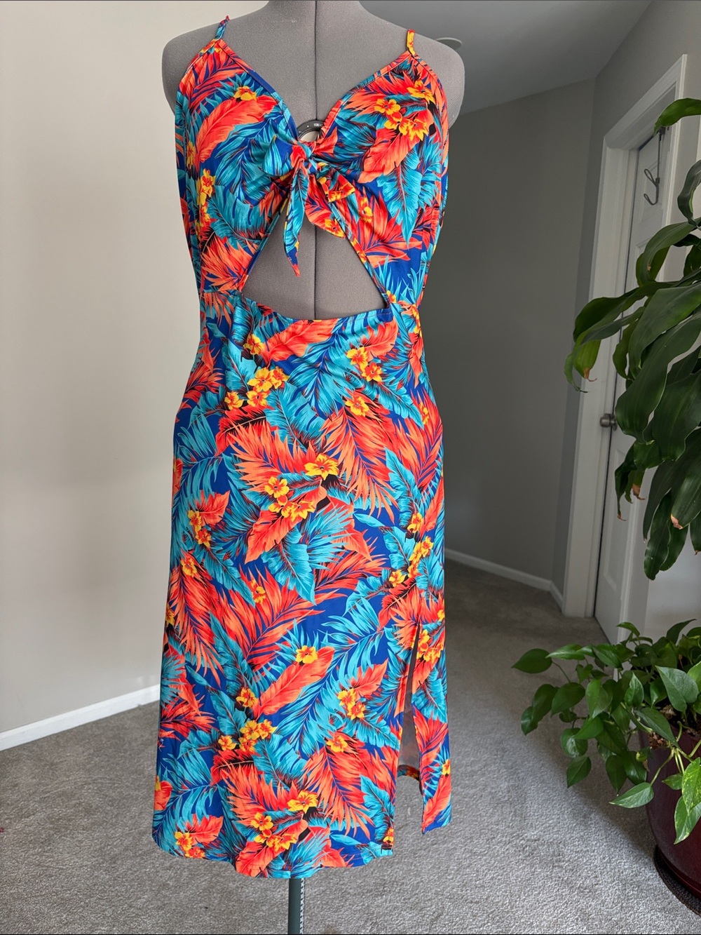 Tropical Tie-Front Cutout Midi Dress - Blue & Orange